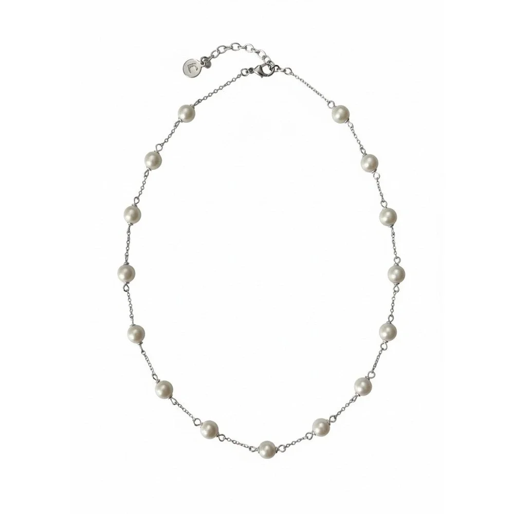 Liz‎ Claiborne LC Delicate Faux Pearl Necklace Silver Tone Chain Choker 17